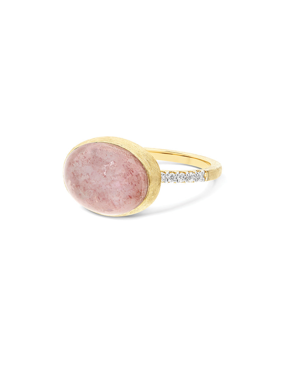 Rosolio Boules ring (medium), in engraved gold, diamonds, strawberry quartz, mother-of-pearl and Rock crystal