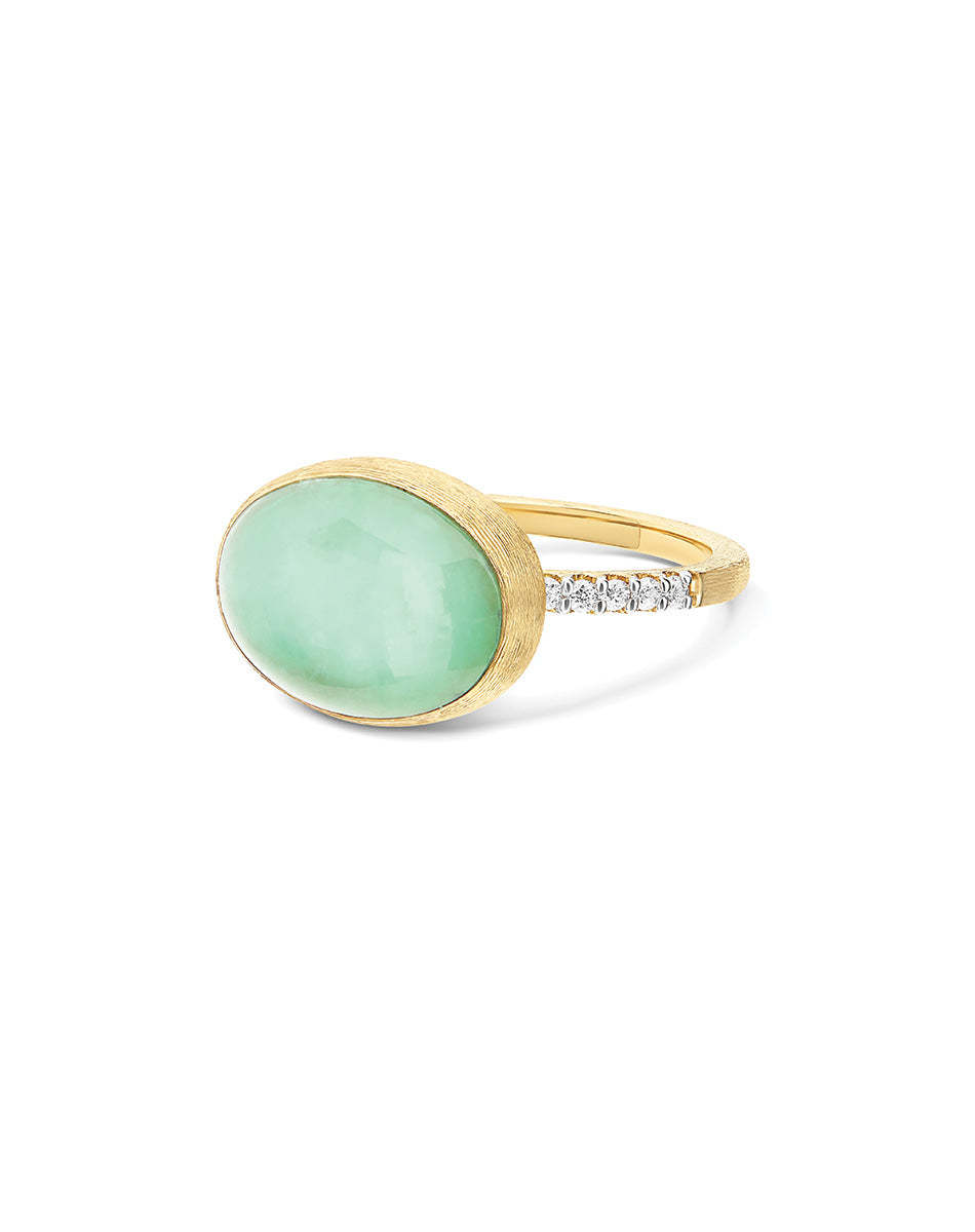 Lattementa Boules ring (medium), in engraved gold, dimaonds, jadeite and Rock crystal