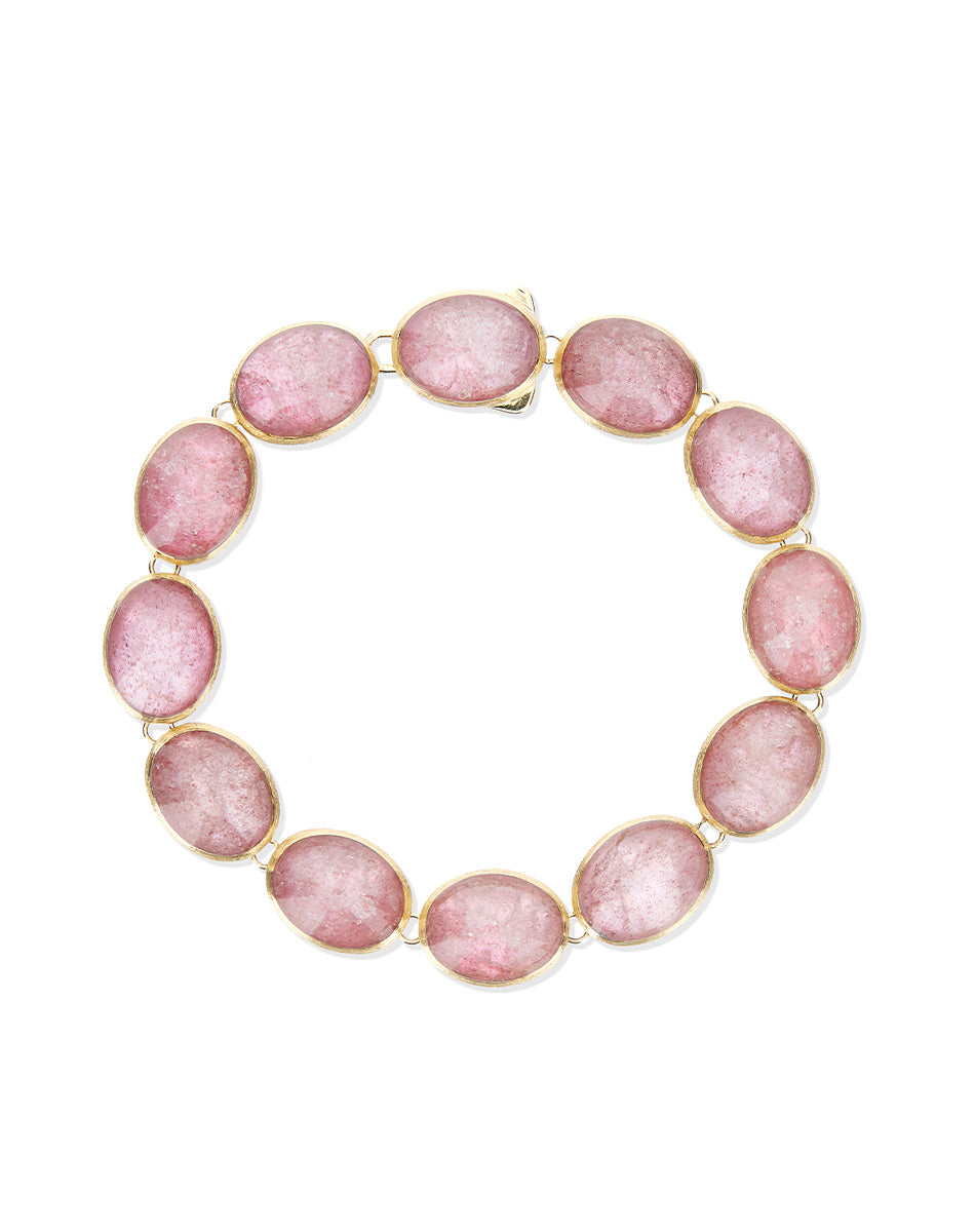 Rosolio Boules Muse bracelet (small), double-faced, in engraved gold, strawberry quartz, mother-of-pearl and Rock crystal