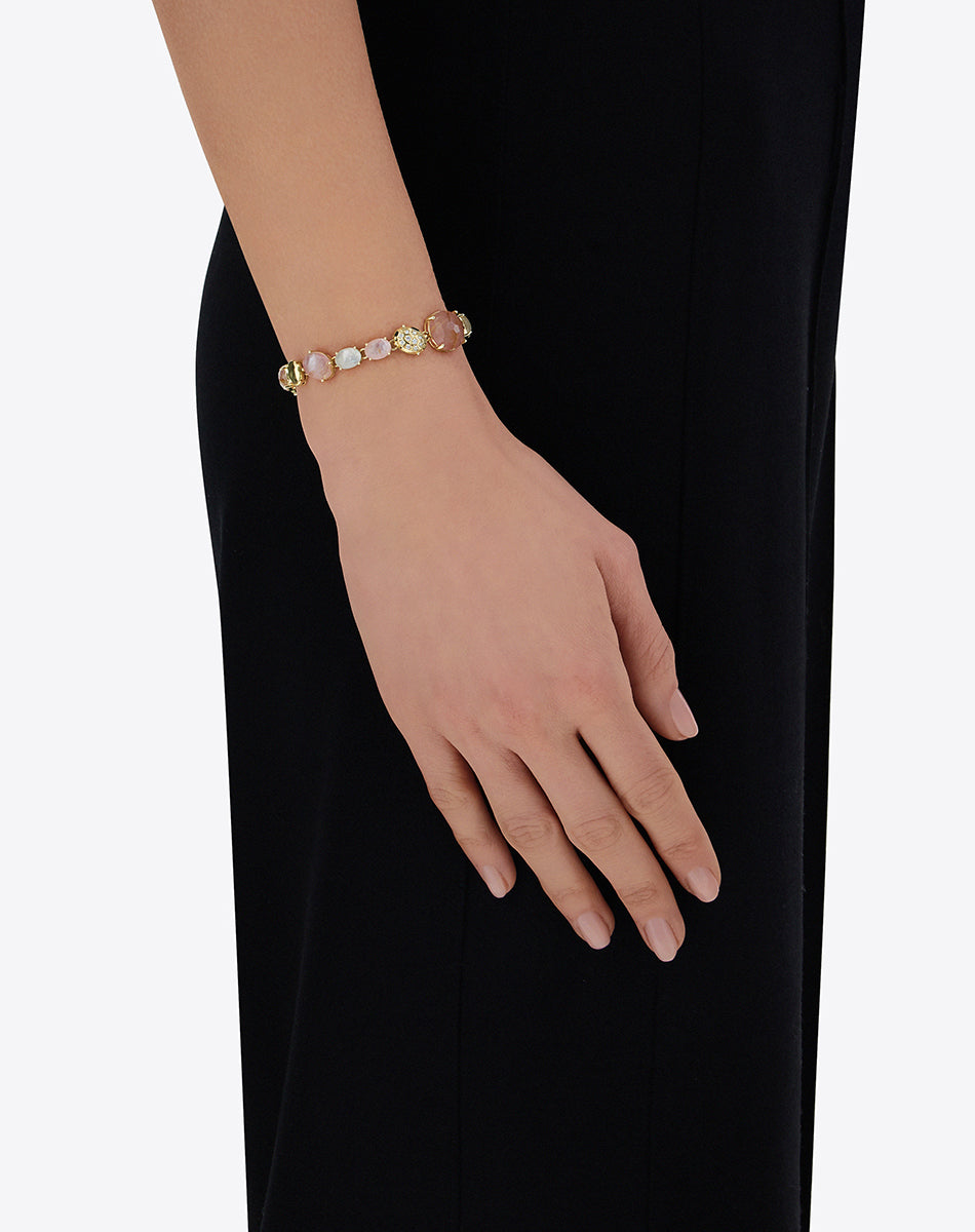 "Ipanema Sol" bracelet in polished gold, with triplet of rutilated quartz, mother-of-pearl, pink jade and diamonds (large)