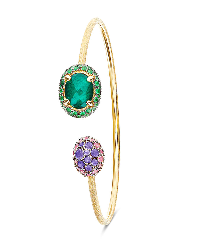 Reverse bracelet, bangle, in gold, green labradorite, Rock crystal, amethyst, pink sapphires and tsavorite