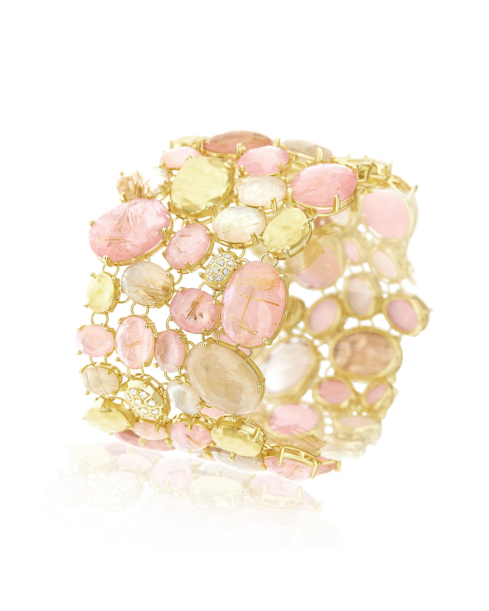 "Ipanema Sol" bangle in polished gold, with triplet of rutilated quartz, mother-of-pearl, pink jade and diamonds (large)