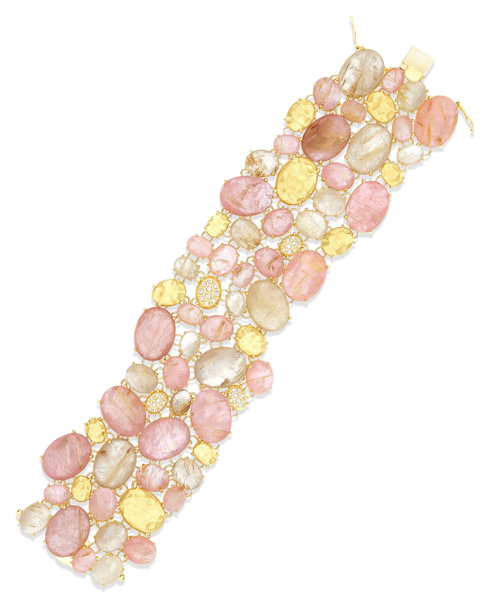 "Ipanema Sol" bangle in polished gold, with triplet of rutilated quartz, mother-of-pearl, pink jade and diamonds (large)