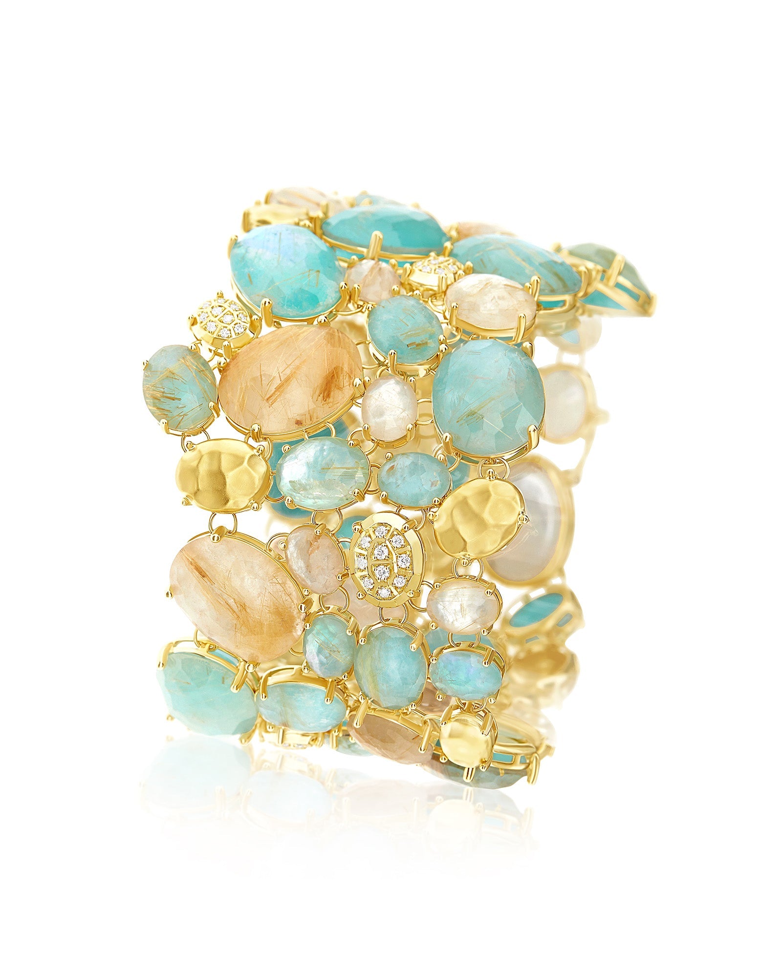 Ipanema Maré bracelet (big), band, in gold, rutilated quartz, mother-of-pearl, amazonite and diamonds 