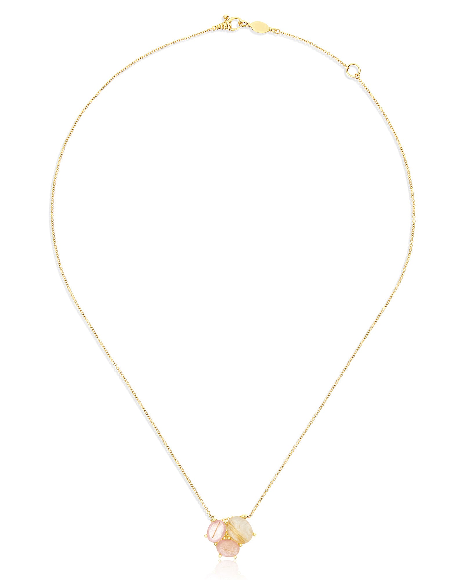 "Ipanema Sol" necklace with trilogy pendant in polished gold, with triplet of rutilated quartz, mother-of-pearl and pink jade