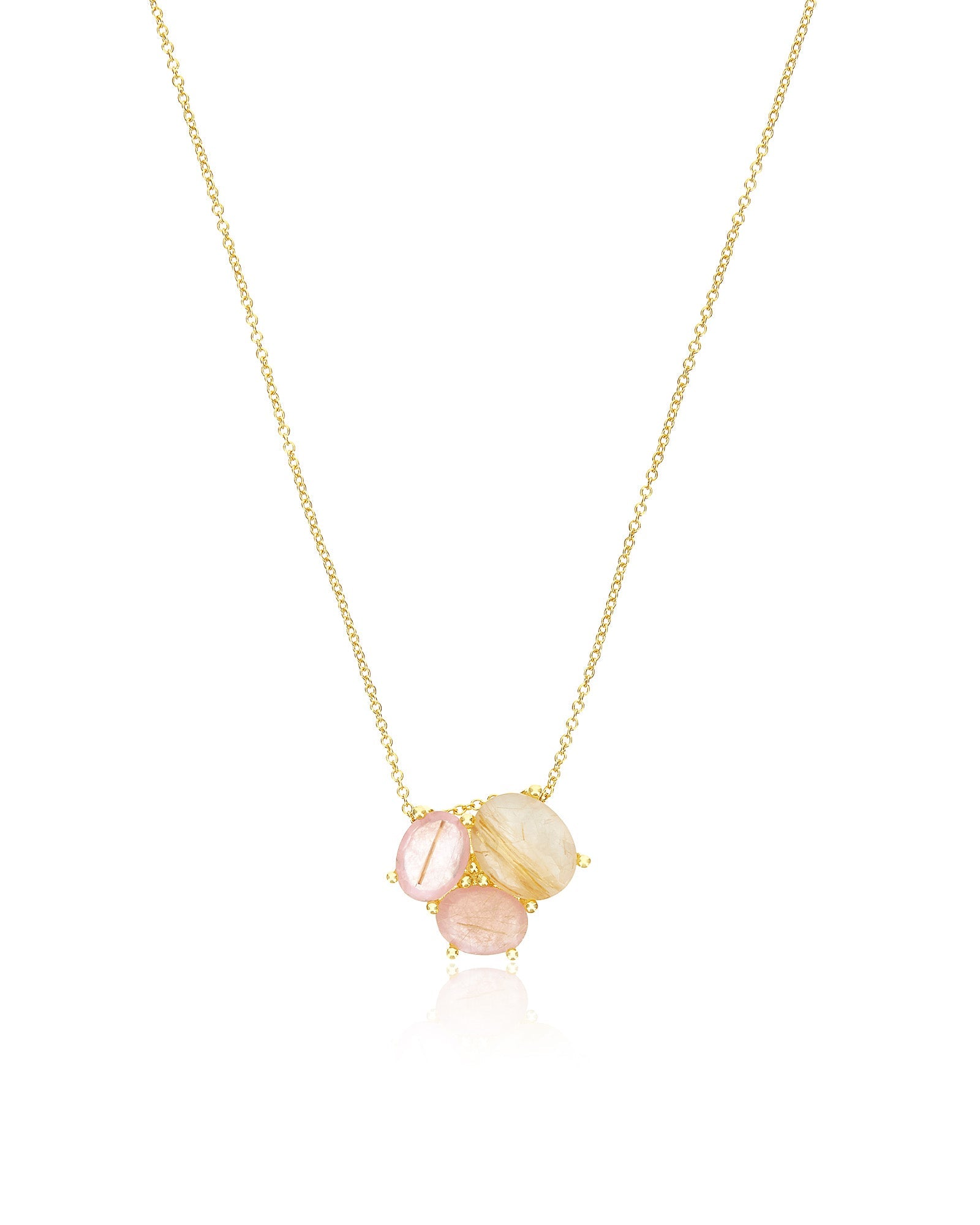 Ipanema Sol necklace, with pendant, in gold, rutilated quartz, mother-of-pearl and pink jade