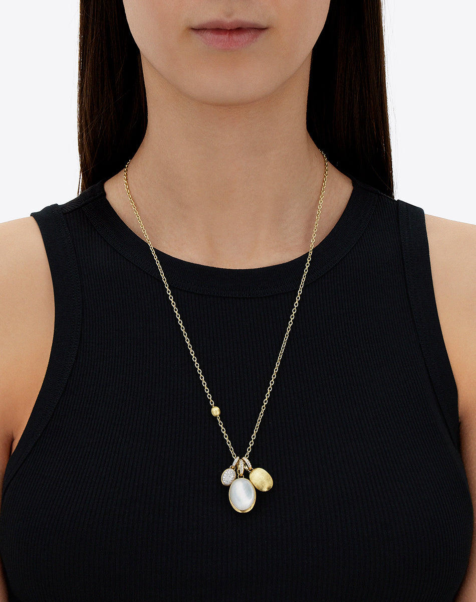 "Boules" charms chain necklace in hand-engraved gold, diamonds, and mother-of-pearl (long)