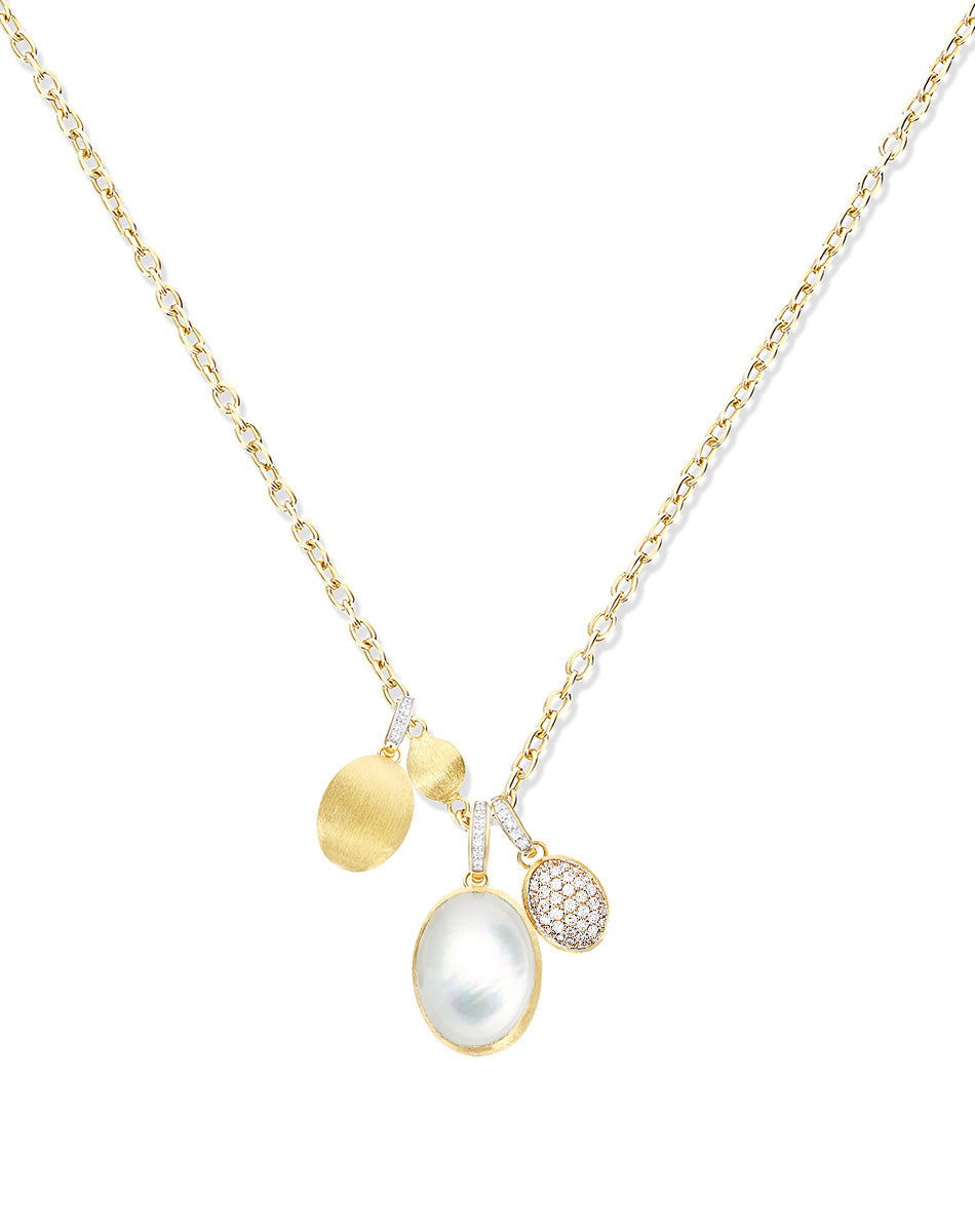 "Boules" charms chain necklace in hand-engraved gold, diamonds, and mother-of-pearl (long)