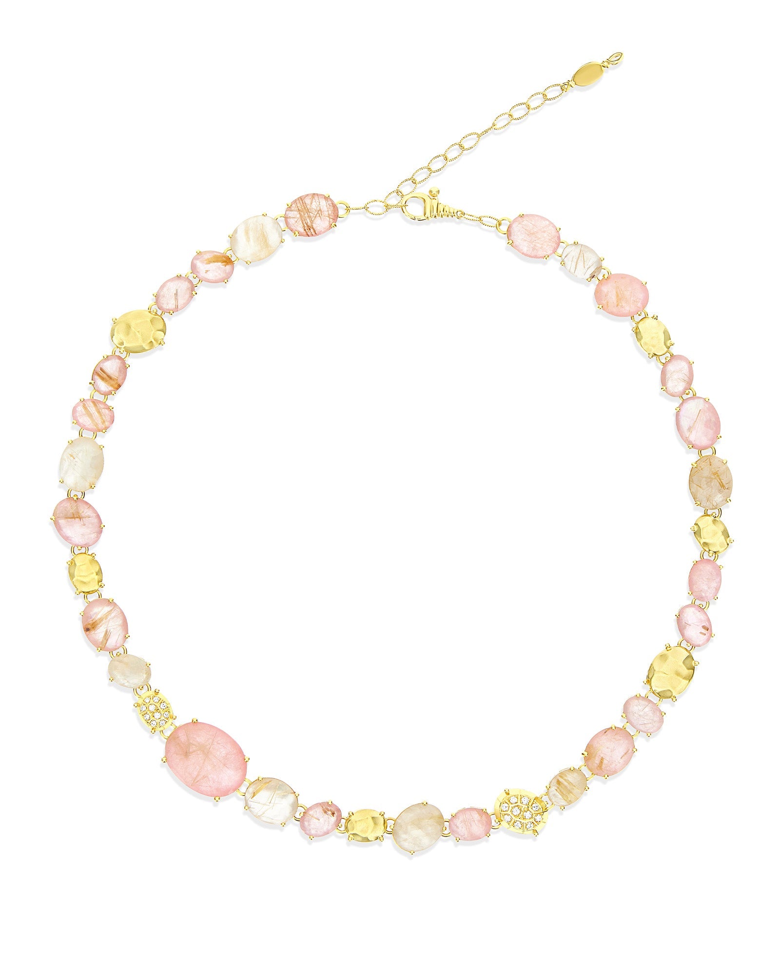 Ipanema Sol necklace, collar, in gold, rutilated quartz, mother-of-pearl, pink jade and diamonds 