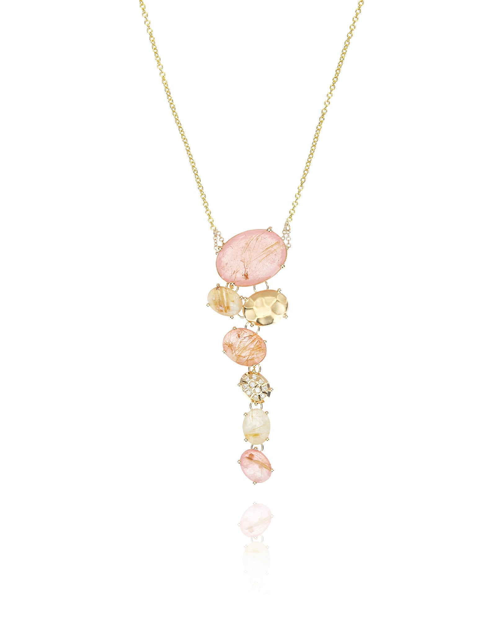Ipanema Sol necklace, with graduated pendant, in gold, rutilated quartz, mother-of-pearl and pink jade