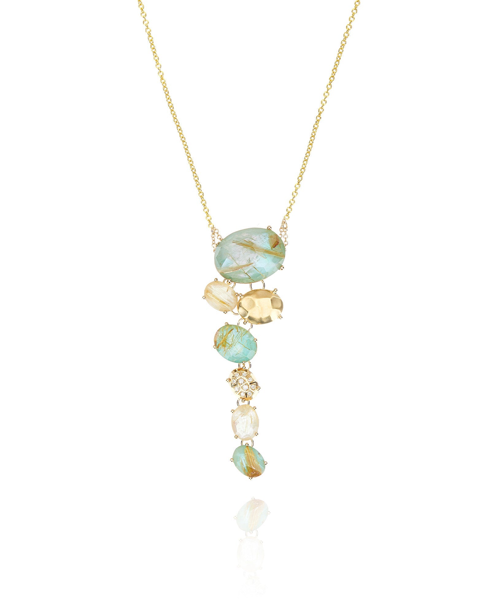 Ipanema Maré necklace, with graduated pendant, in gold, rutilated quartz, mother-of-pearl and amazonite