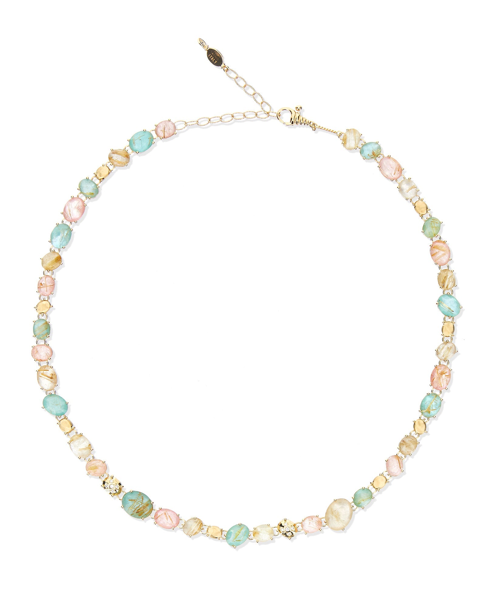 Ipanema Multicolor necklace, collar, in gold, rutilated quartz, mother-of-pearl, pink jade, amazonite and diamonds