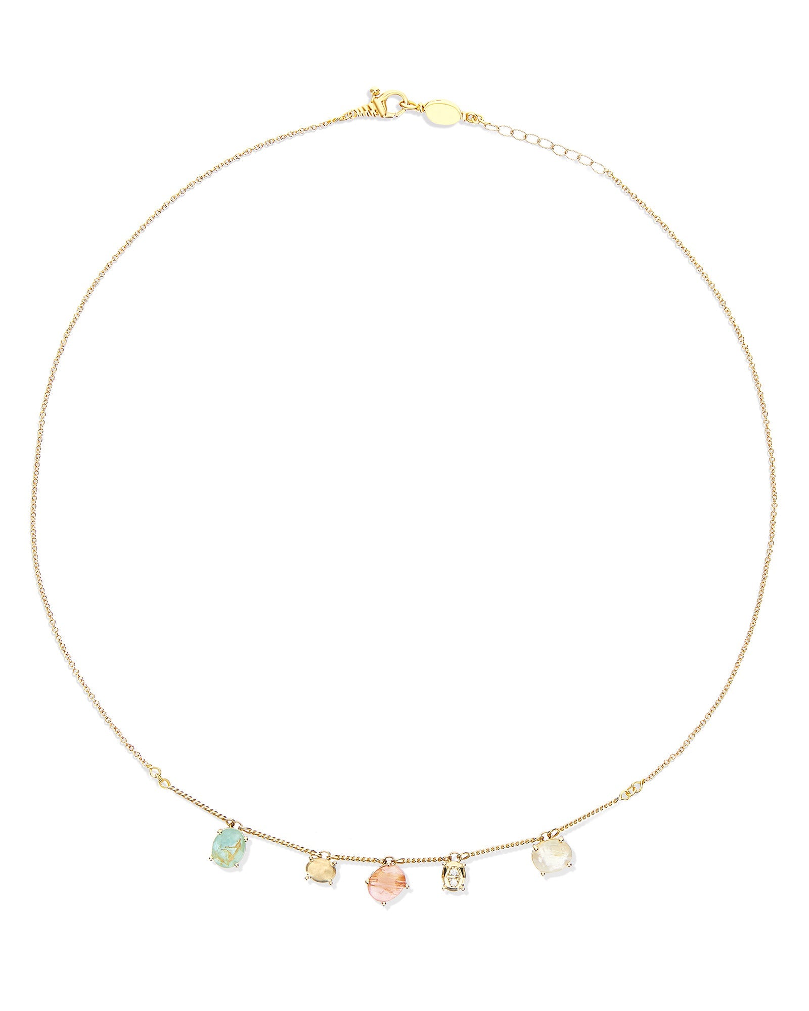 Ipanema Multicolor necklace, collar, with pendants, in gold, rutilated quartz, mother-of-pearl, pink jade, amazonite and diamonds