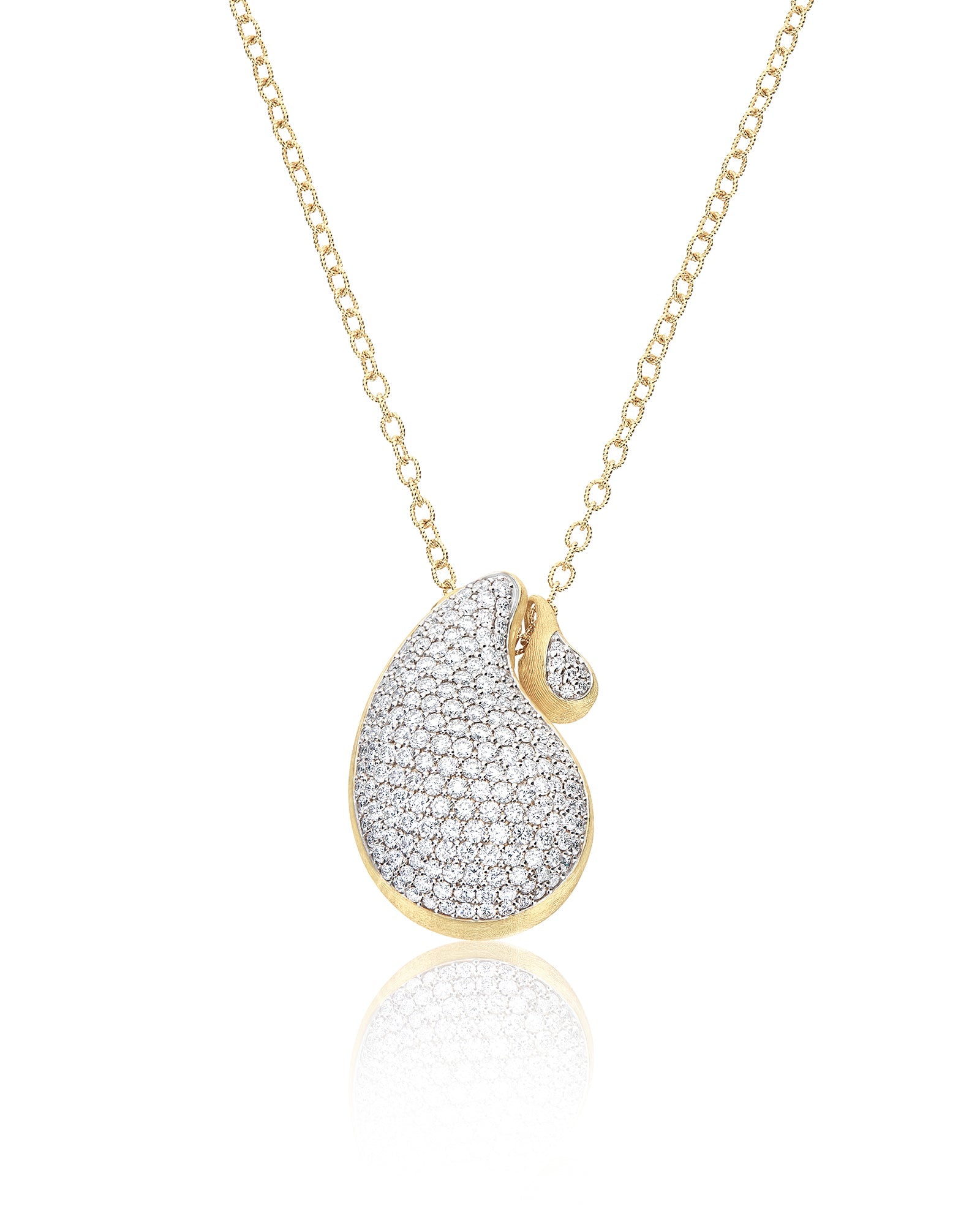 Cashmere necklace, with pendant, in engraved gold and diamond pavé