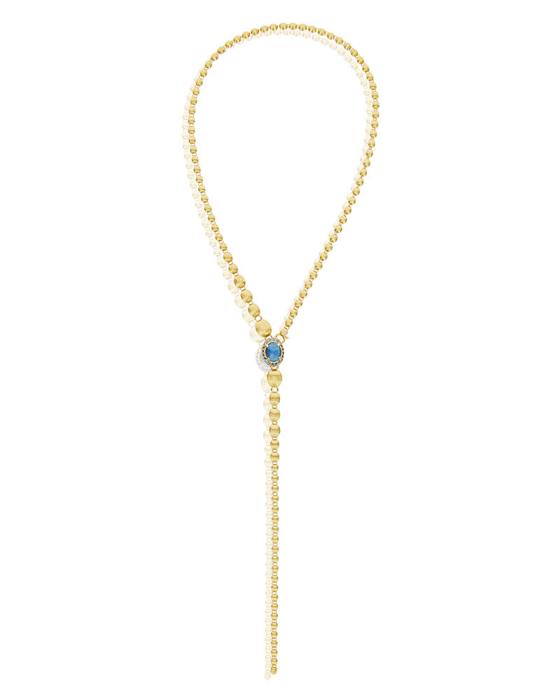 Reverse necklace (small), Y, reversible, in engraved gold, blue diamonds, London Blue topaz, Swiss blue topaz and green sapphire