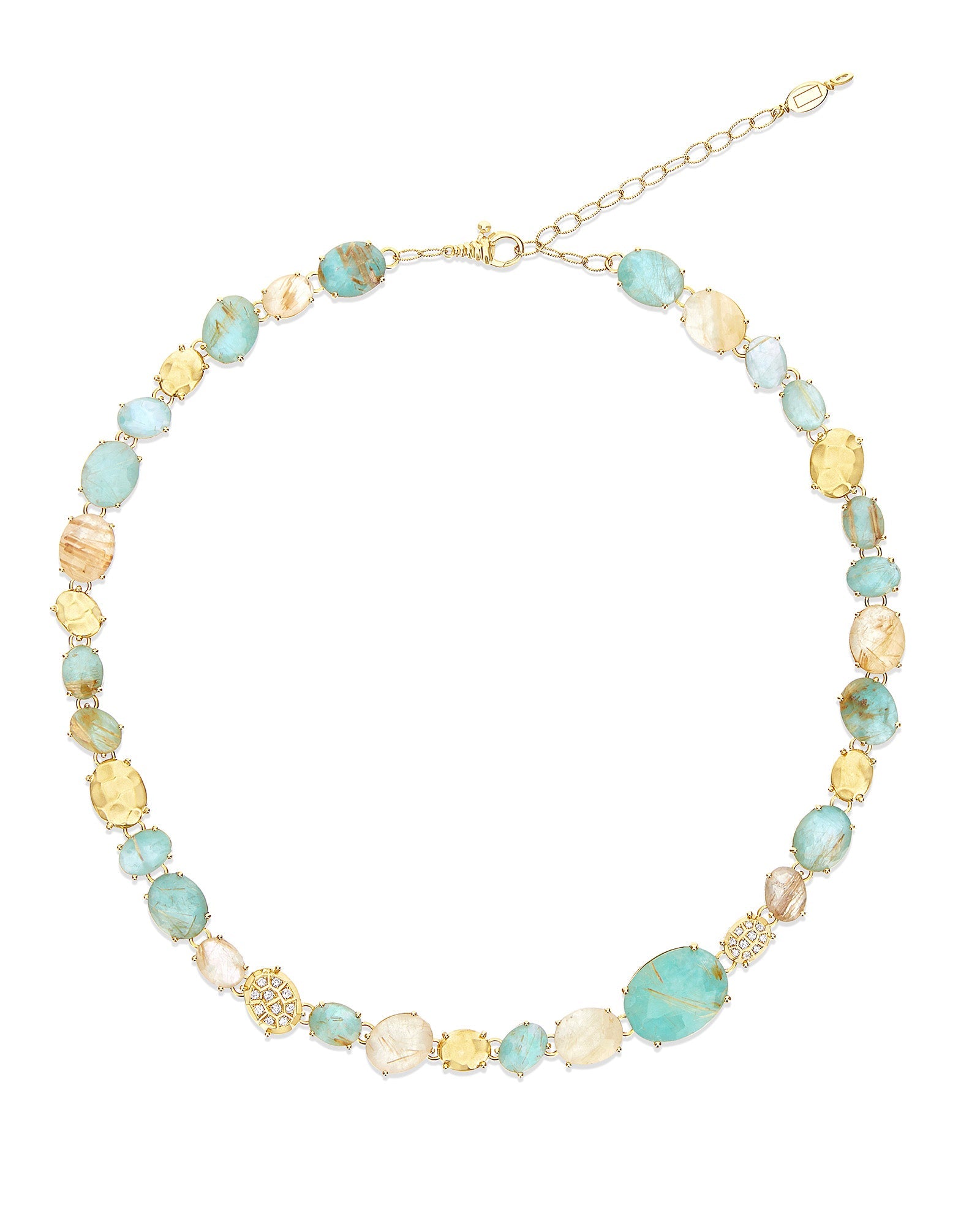 Ipanema Maré necklace, collar, in gold, rutilated quartz, mother-of-pearl, amazonite and diamonds 