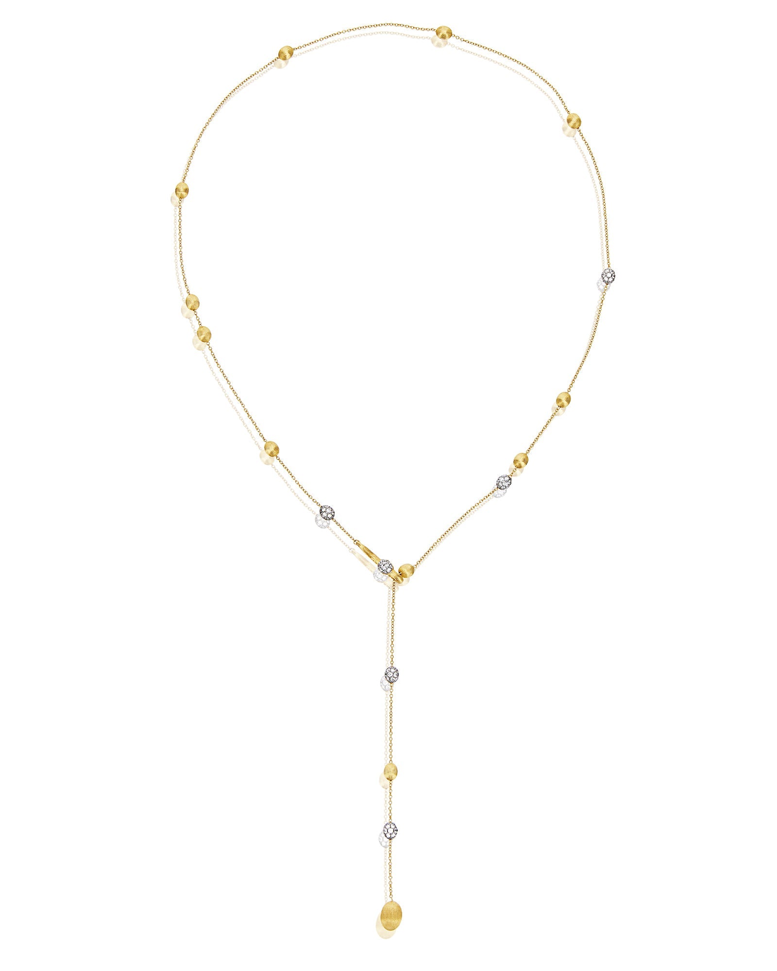 Soffio necklace, Y, in engraved gold and diamond pavé