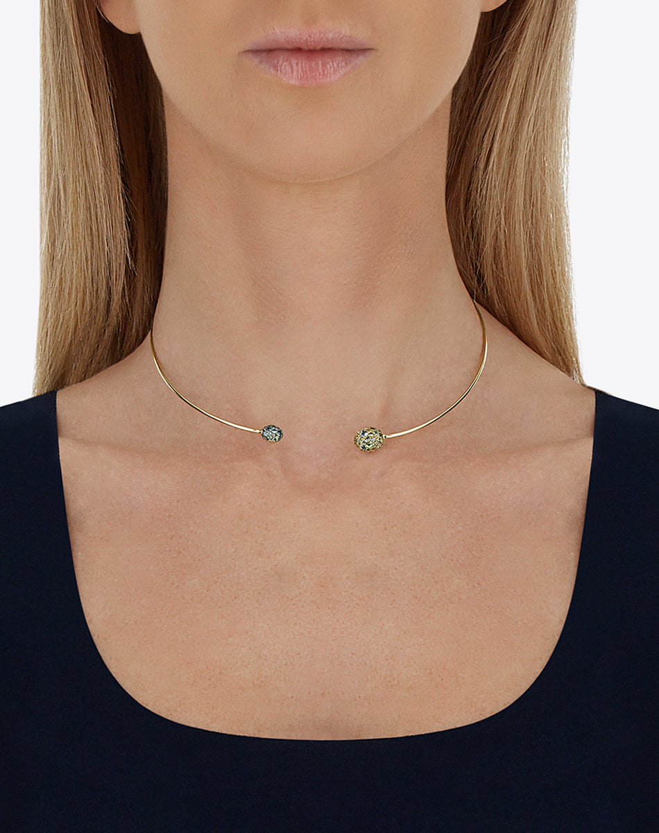 “Reverse Baby” gold choker necklace with blue diamonds, Swiss light blue topaz, green sapphires and London blue topaz