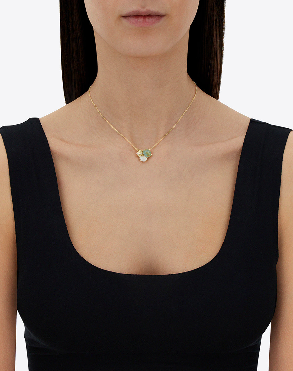 "Ipanema Maré" necklace with trilogy pendant in polished gold, with triplet of rutilated quartz, mother-of-pearl, amazonite and diamonds