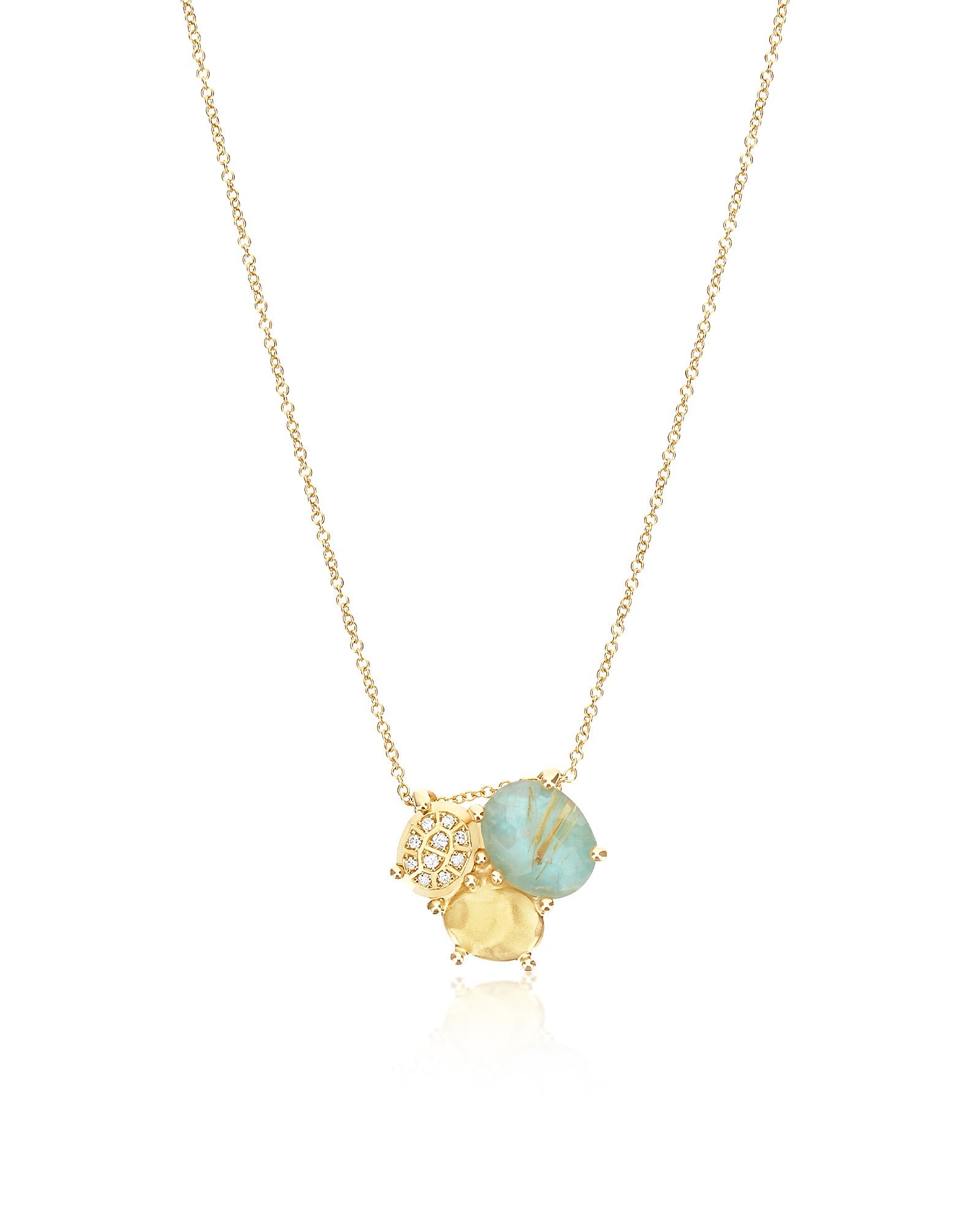 Ipanema Maré necklace, with pendant, in gold, rutilated quartz, mother-of-pearl, amazonite and diamonds