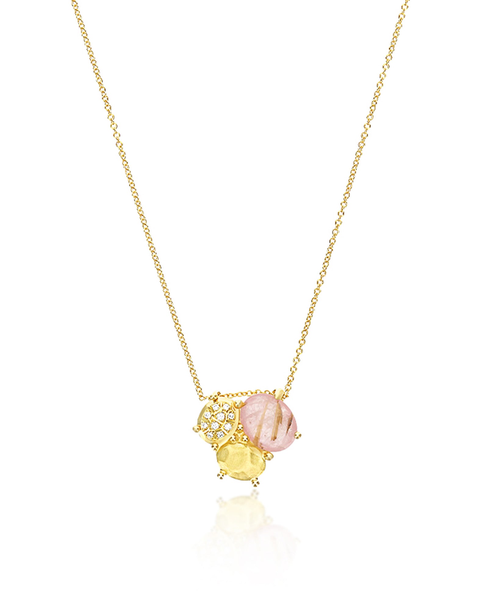 "Ipanema Sol" necklace with trilogy pendant in polished gold, with triplet of rutilated quartz, mother-of-pearl, pink jade and diamonds