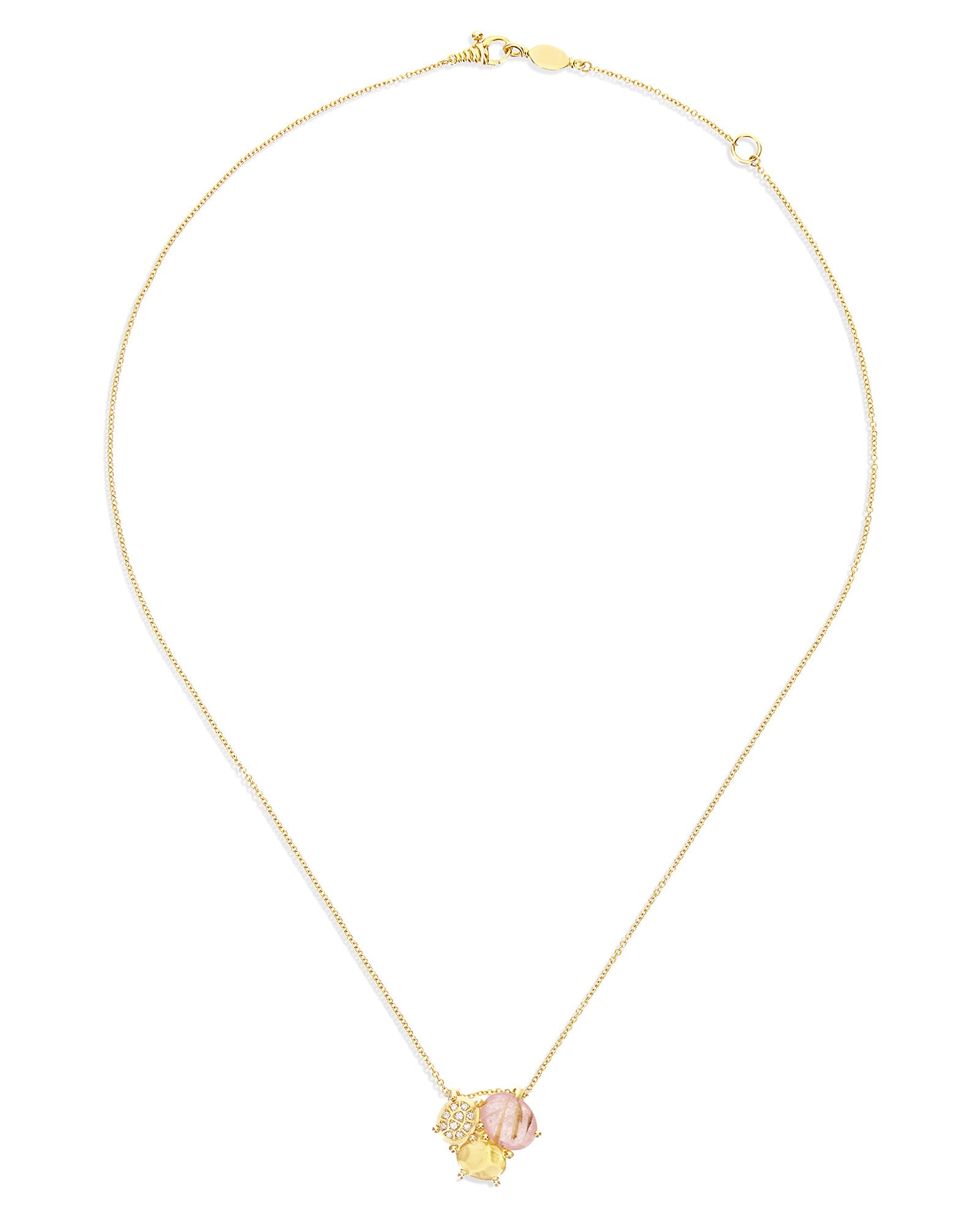 "Ipanema Sol" necklace with trilogy pendant in polished gold, with triplet of rutilated quartz, mother-of-pearl, pink jade and diamonds