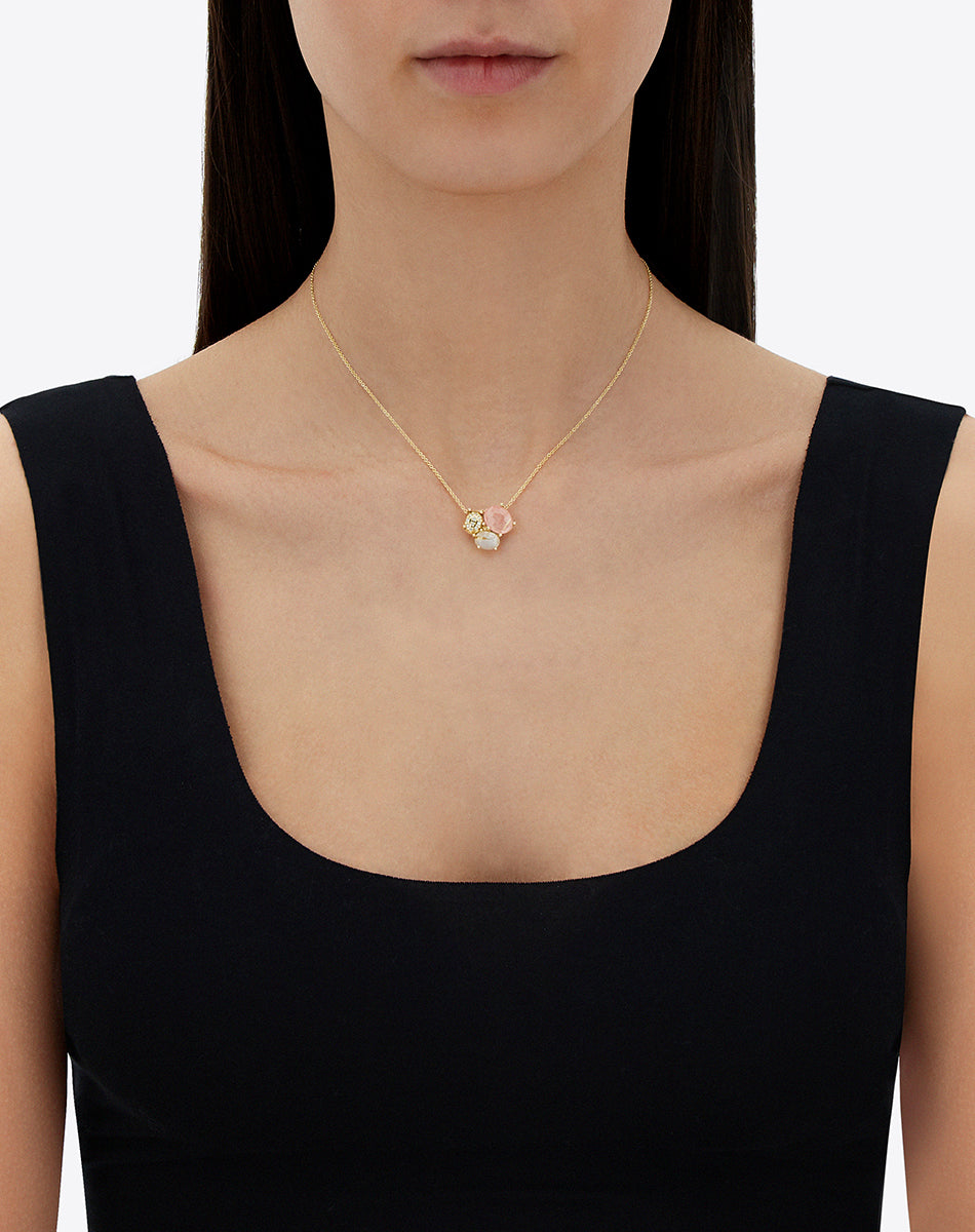 "Ipanema Sol" necklace with trilogy pendant in polished gold, with triplet of rutilated quartz, mother-of-pearl, pink jade and diamonds
