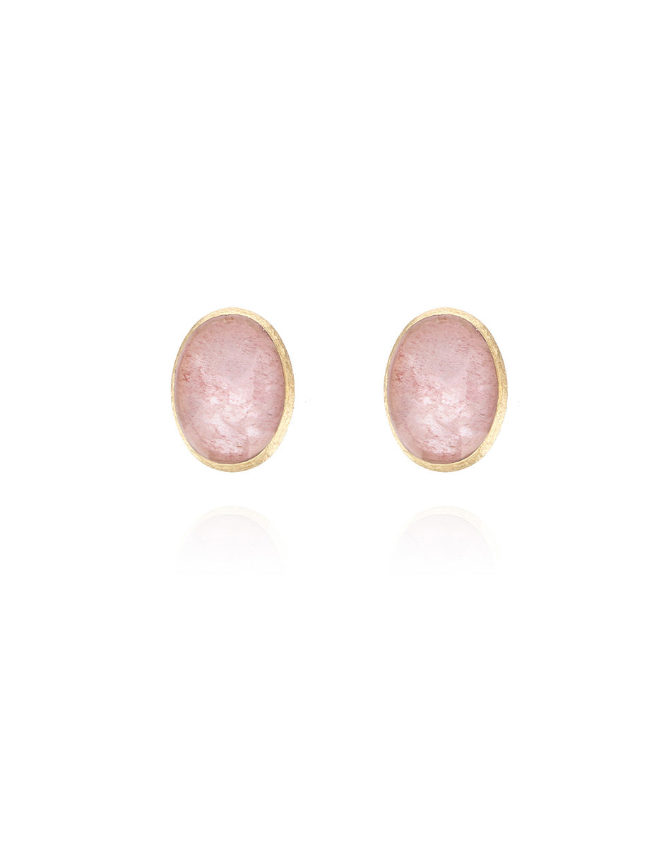 Rosolio Boules earrings (small), stud, in engraved gold, strawberry quartz, mother-of-pearl and Rock crystal