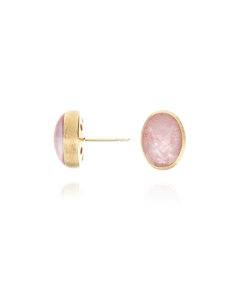 Rosolio “Muse” stud earrings in engraved gold, strawberry quartz and rock crystal (small)