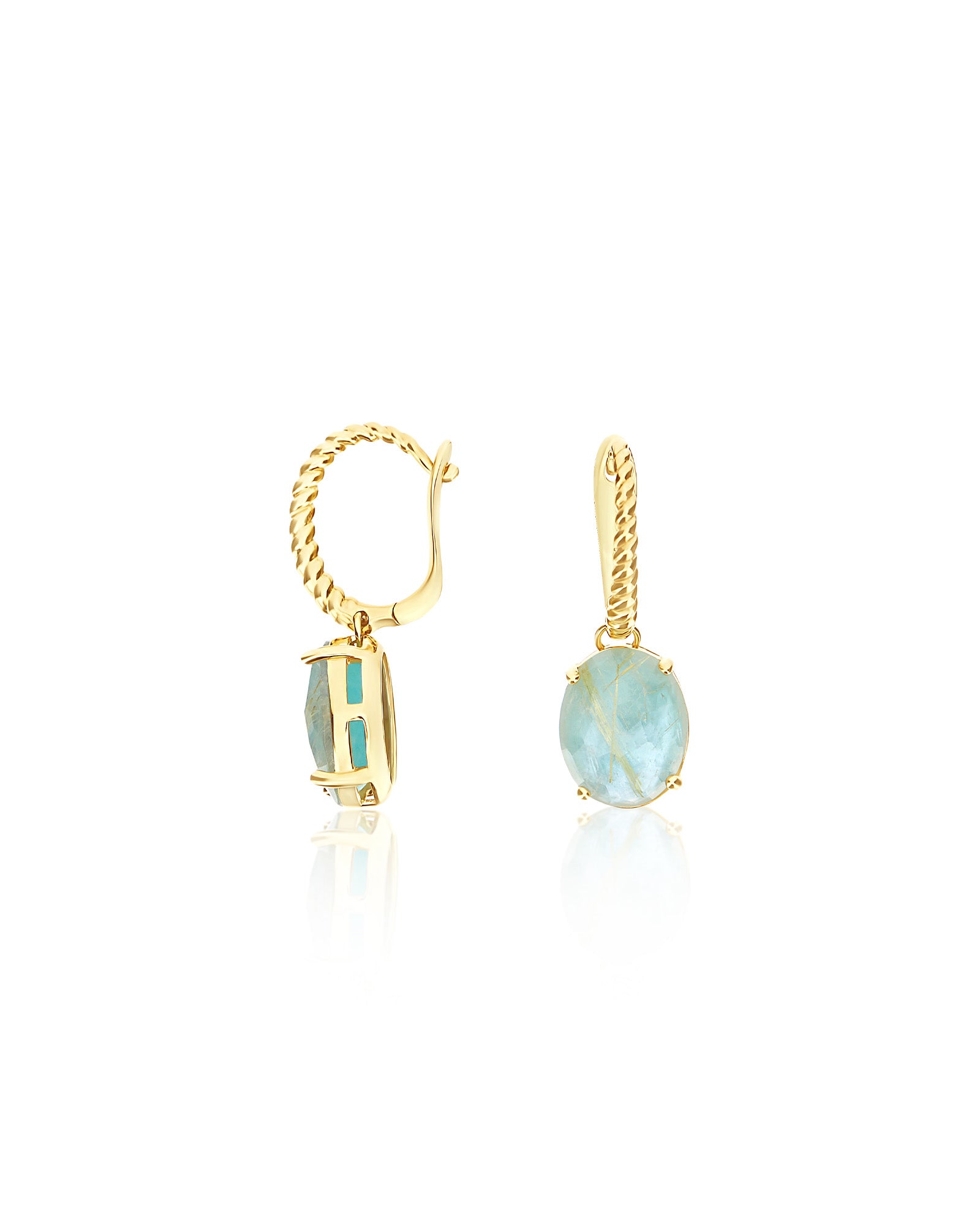 "Ipanema Maré" leverback earrings in polished gold with triplet of rutilated quartz, mother-of-pearl and amazonite