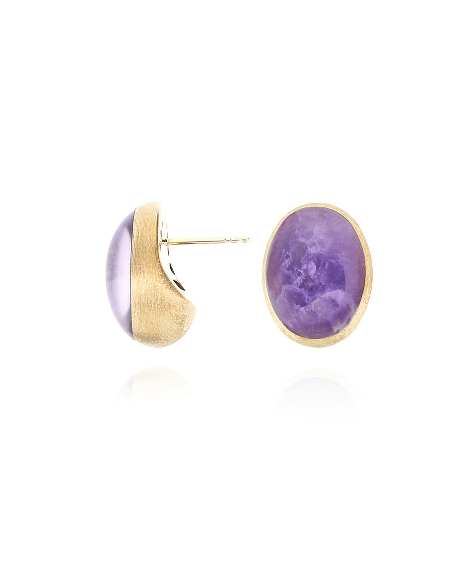 Violetta “Muse” stud earrings in engraved gold, lepidolite and mother-of-pearl (medium)