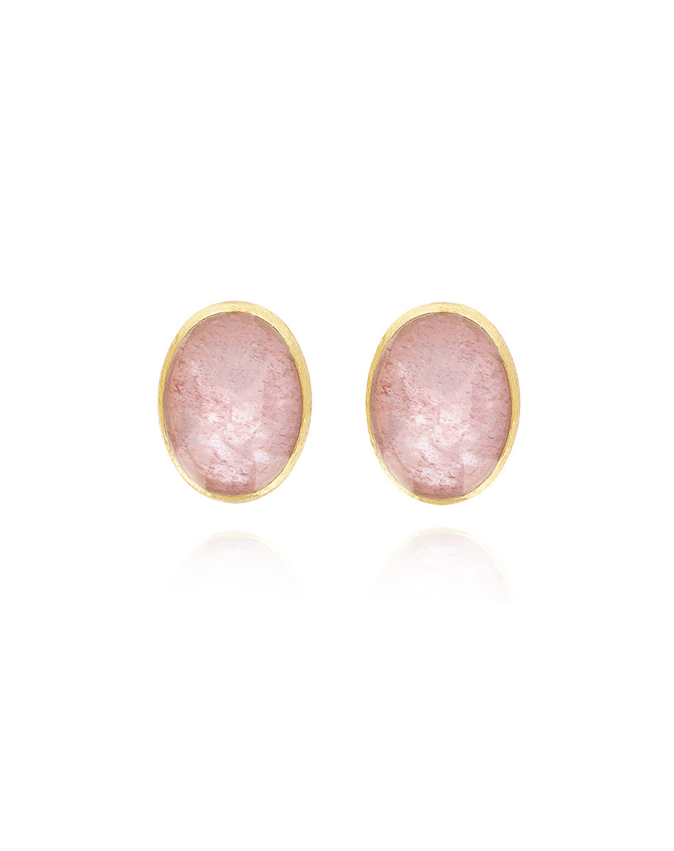 Rosolio Boules earrings (medium), stud, in engraved gold, strawberry quartz, mother-of-pearl and Rock crystal
