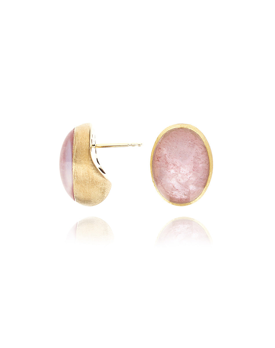 Rosolio “Muse” stud earrings in engraved gold, strawberry quartz and rock crystal (medium)