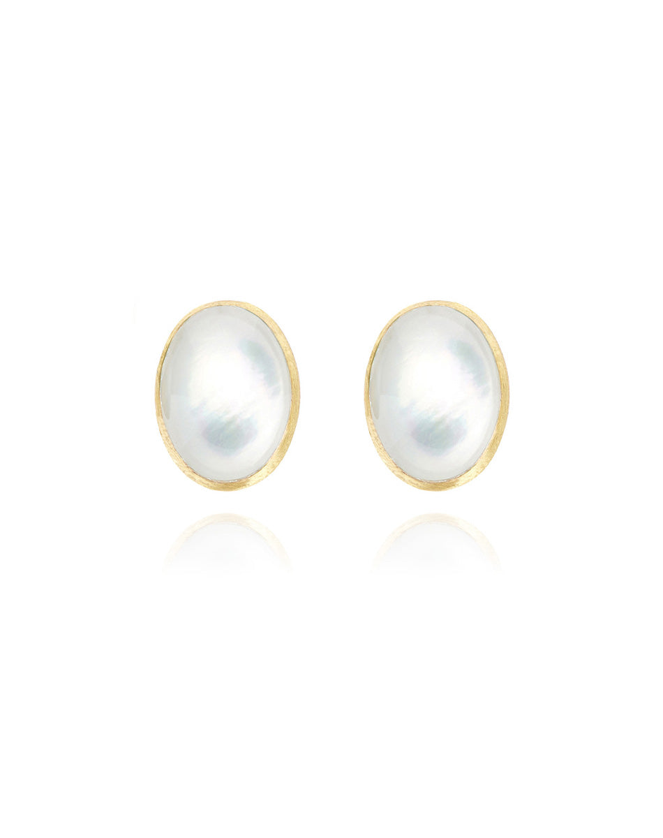 Dolcevita Boules earrings (medium), stud, in engraved gold, mother-of-pearl and Rock crystal