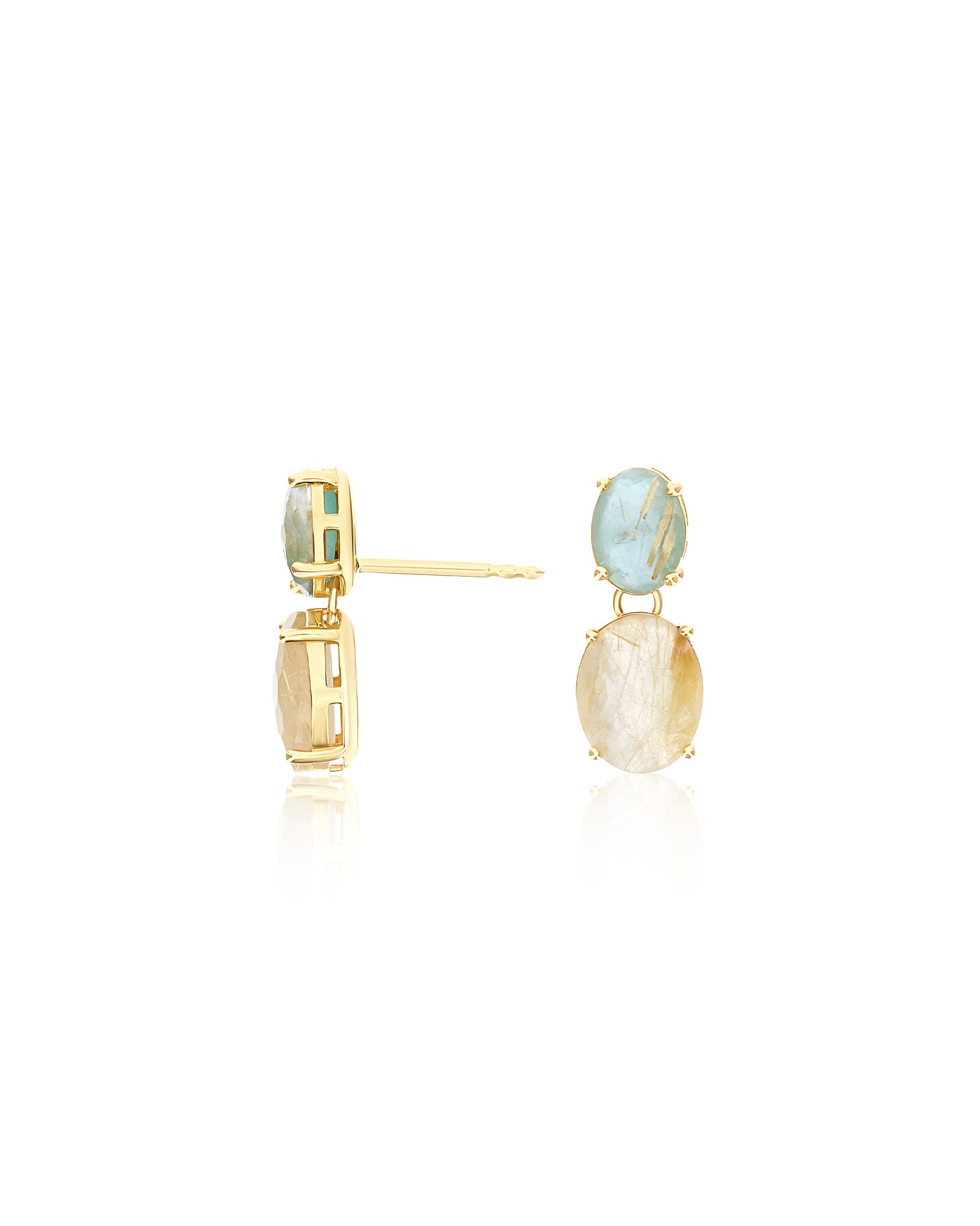"Ipanema Maré" dangle earrings in polished gold with triplet of rutilated quartz, mother-of-pearl and amazonite