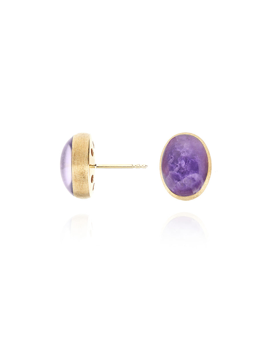Violetta “Muse” stud earrings in engraved gold, lepidolite and mother-of-pearl (small)