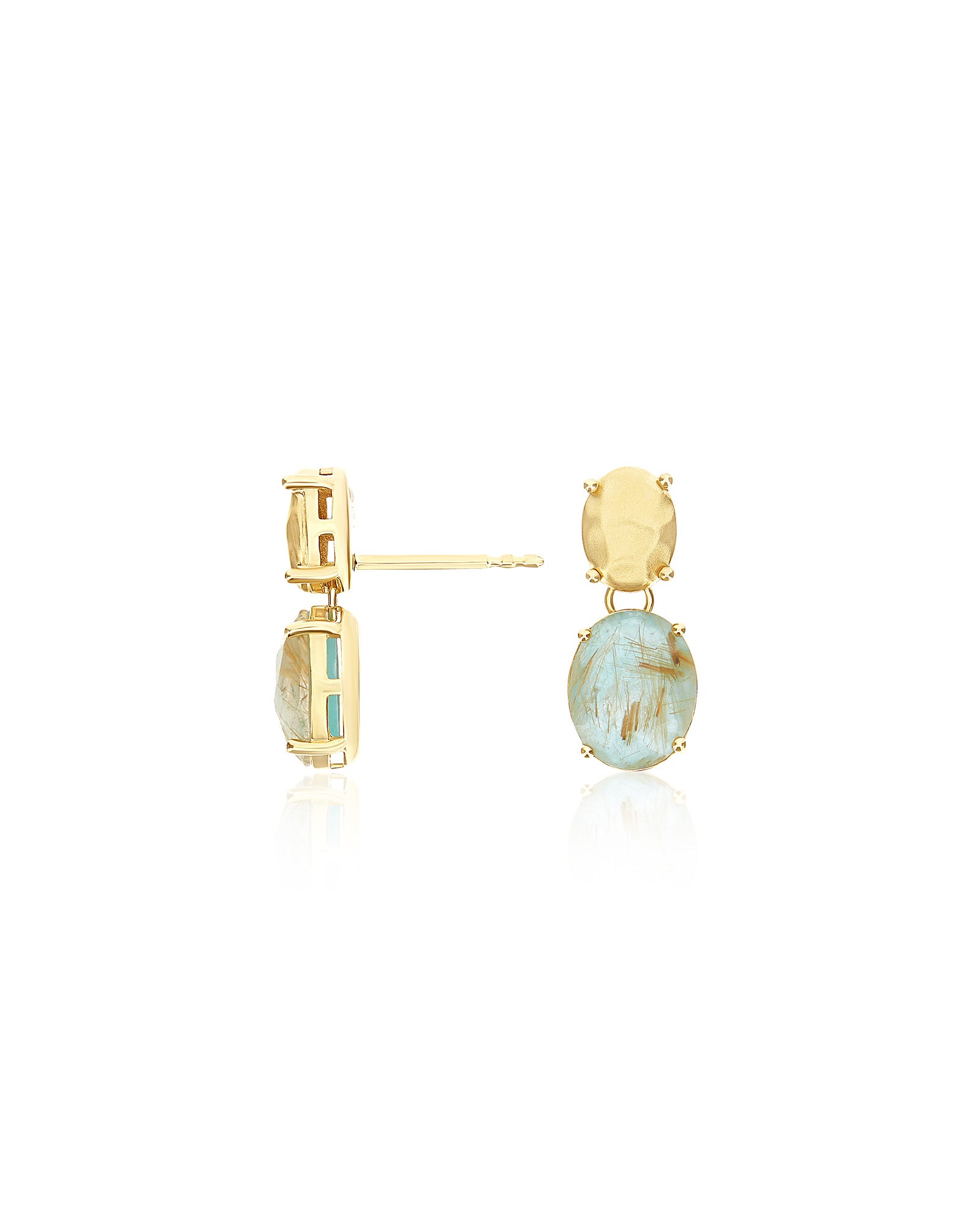 "Ipanema Maré" dangle earrings in polished gold with triplet of rutilated quartz, mother-of-pearl and amazonite