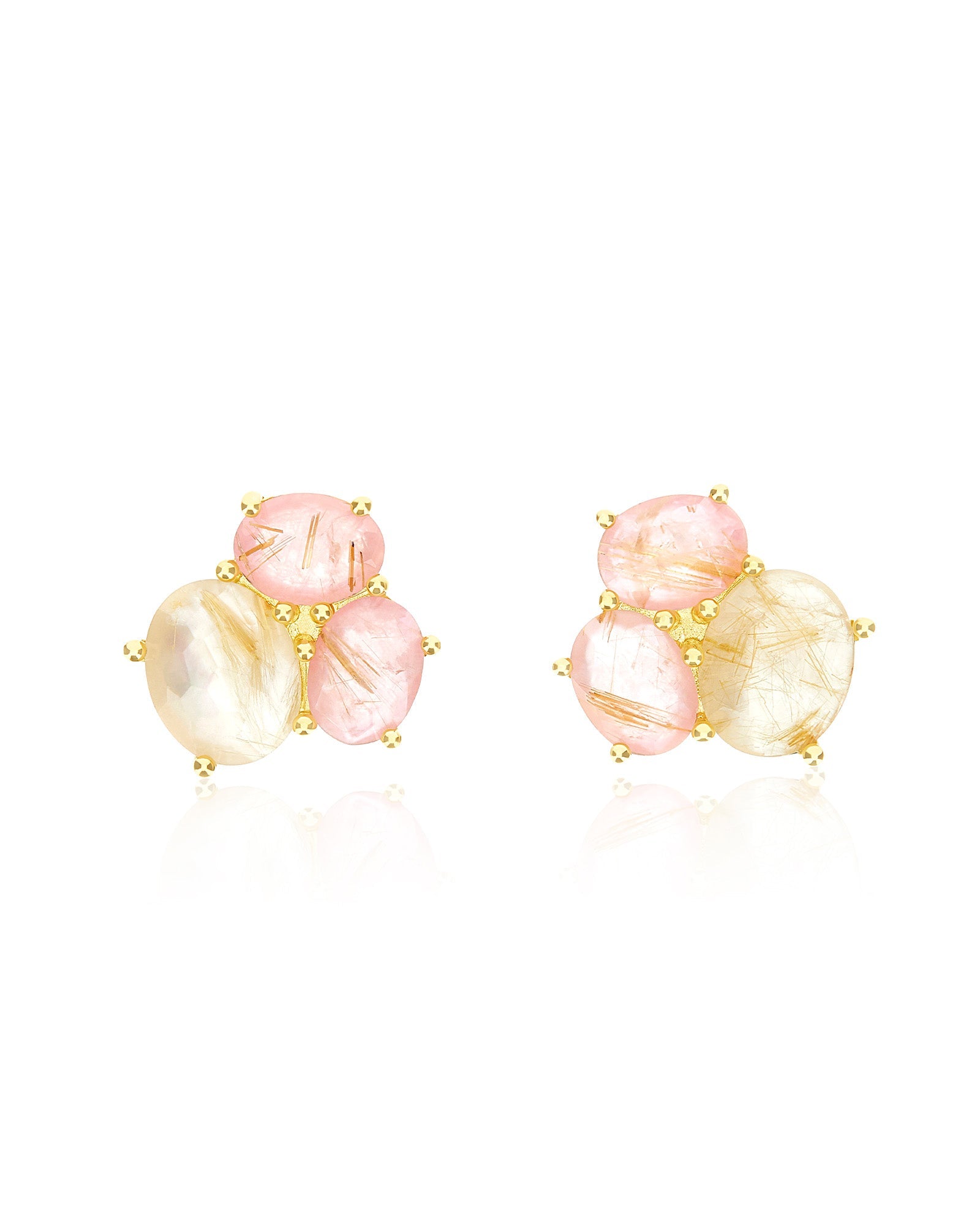 Ipanema Sol earrings, stud, in gold, rutilated quartz, mother-of-pearl, pink jade and diamonds