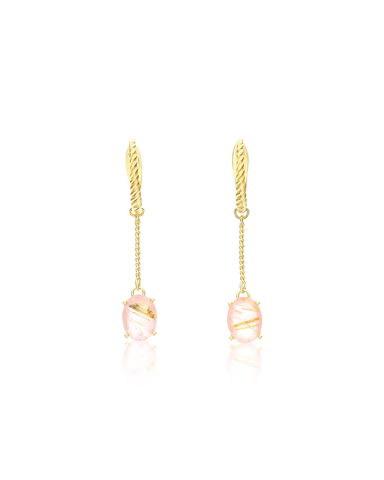 Ipanema Sol earrings (long), drop, in gold, rutilated quartz, mother-of-pearl and pink jade