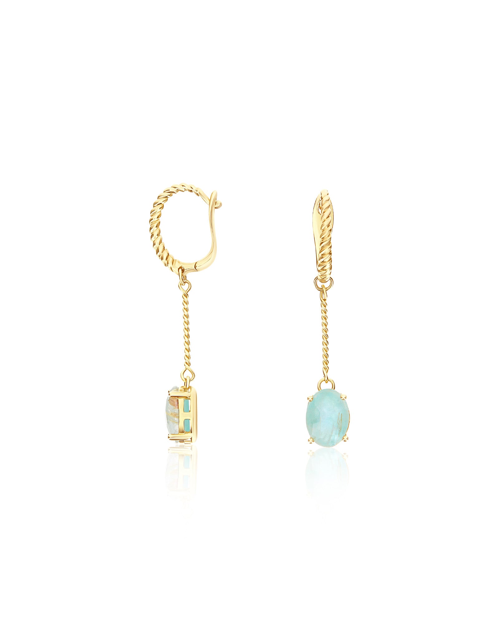 "Ipanema Maré" long dangle earrings in polished gold with triplet of rutilated quartz, mother-of-pearl and amazonite