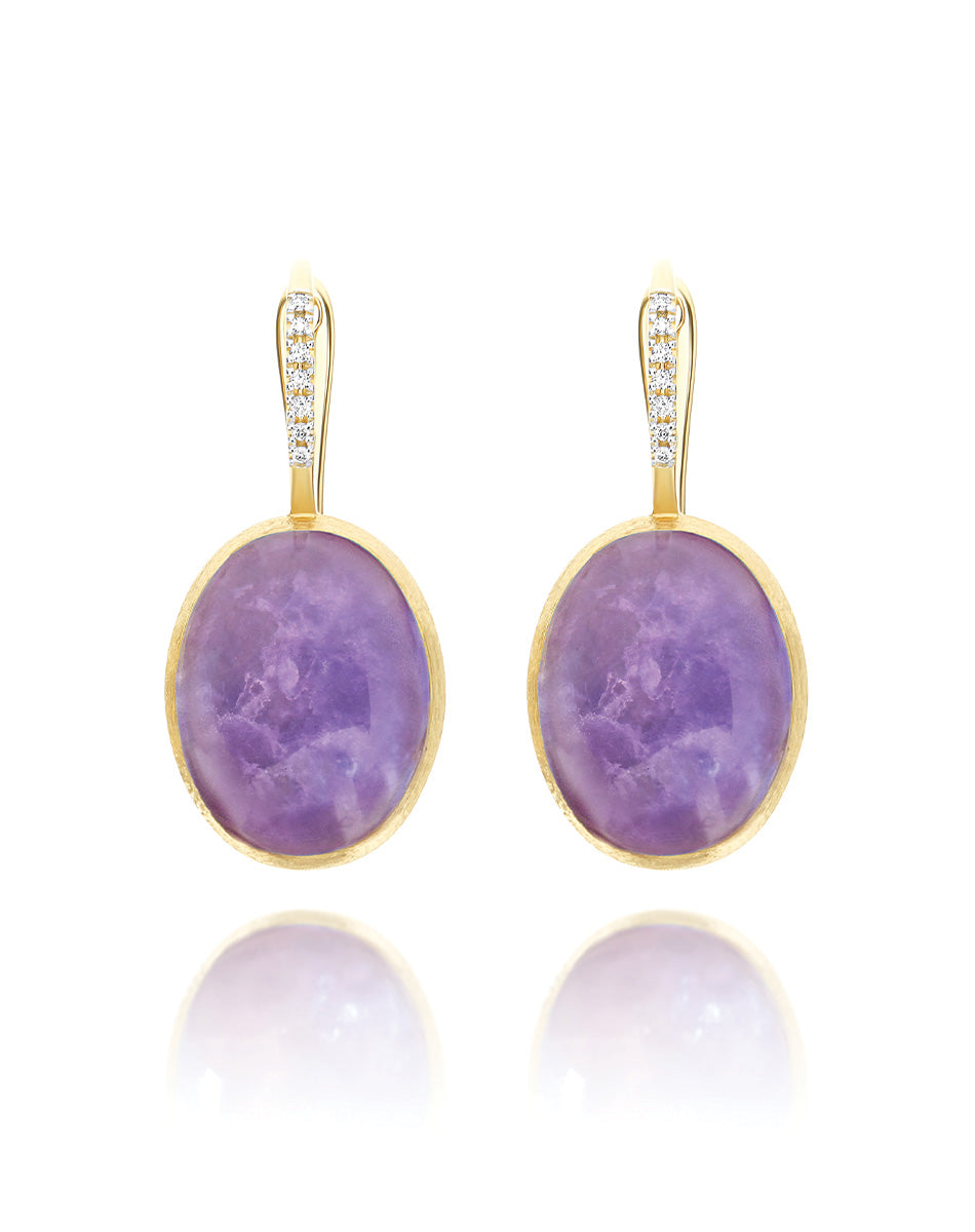Violetta Boules Ciliegine earrings (big), in engraved gold, diamonds, lepidolite, mother-of-pearl and Rock crystal