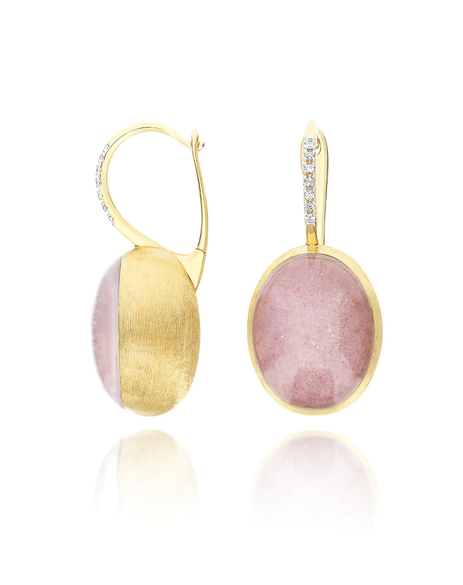 "Boules" Rosolio Ciliegine gold, rock crystal, strawberry quartz, and mother-of-pearl ball drop earrings with diamonds details (Large)