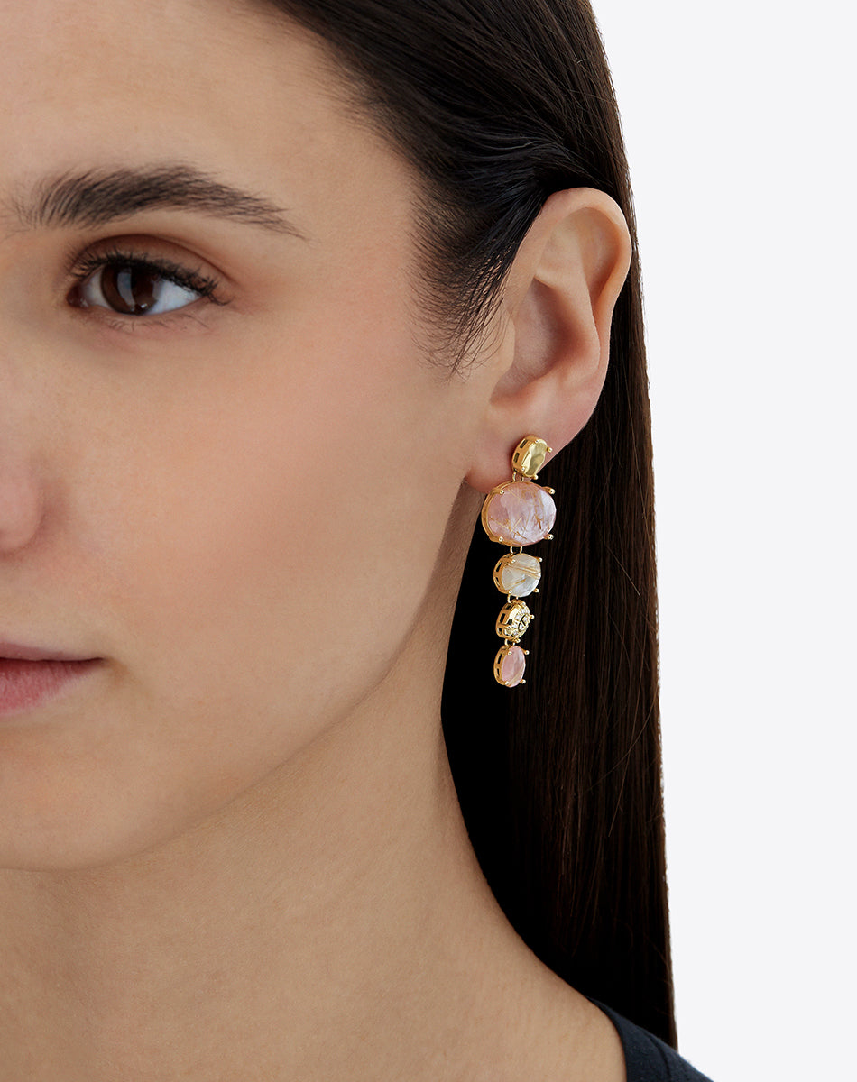 "Ipanema Sol" tapered earrings in polished gold, with triplet of rutilated quartz, mother-of-pearl, pink jade and diamonds (large)