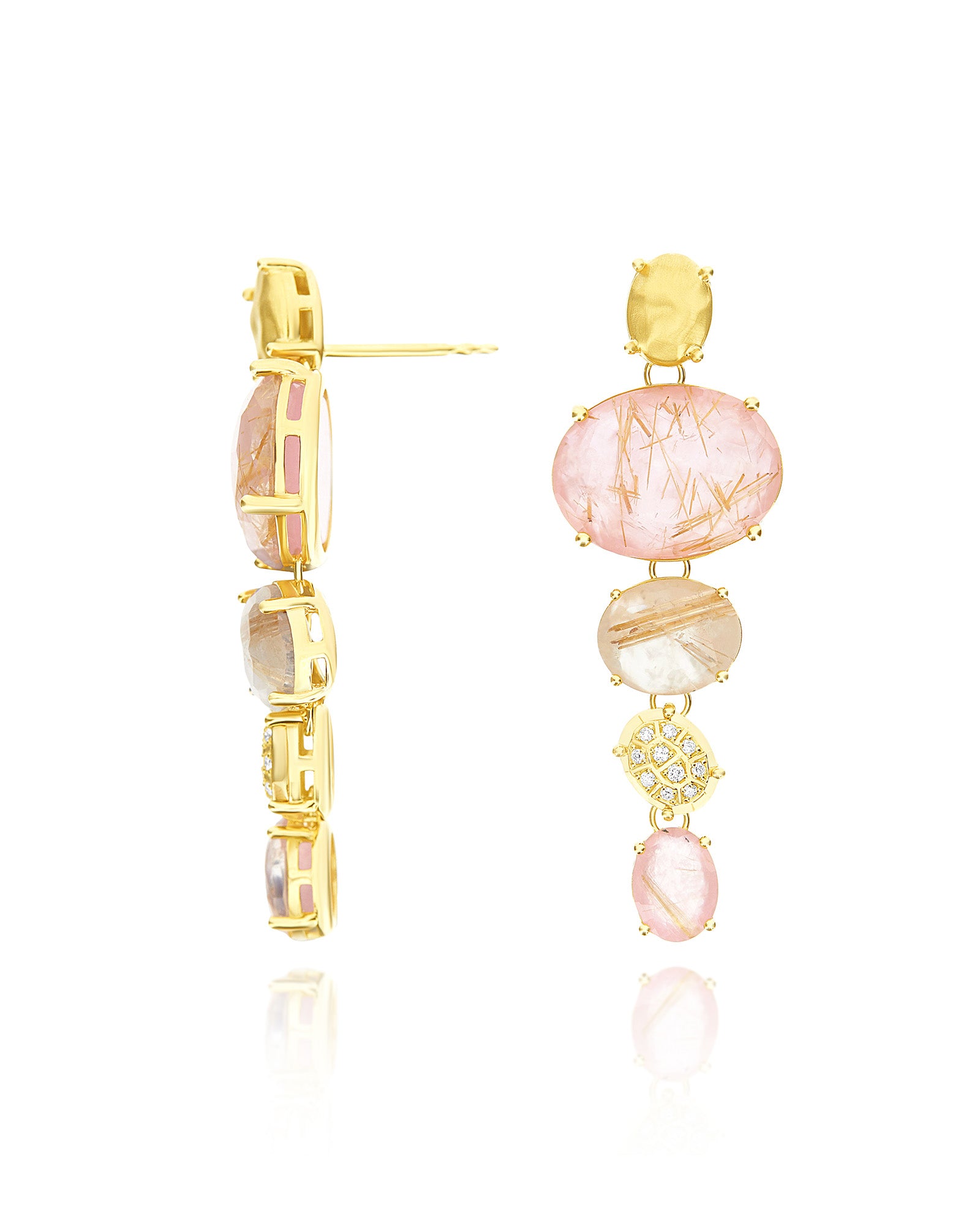 "Ipanema Sol" tapered earrings in polished gold, with triplet of rutilated quartz, mother-of-pearl, pink jade and diamonds (large)
