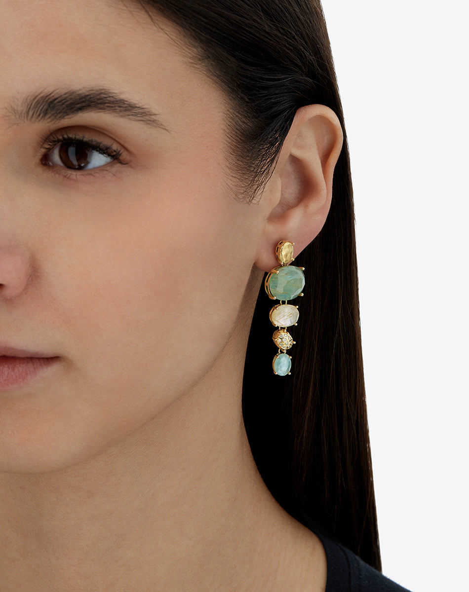 "Ipanema Maré" tapered earrings in polished gold with triplet of rutilated quartz, mother-of-pearl and diamonds (large)