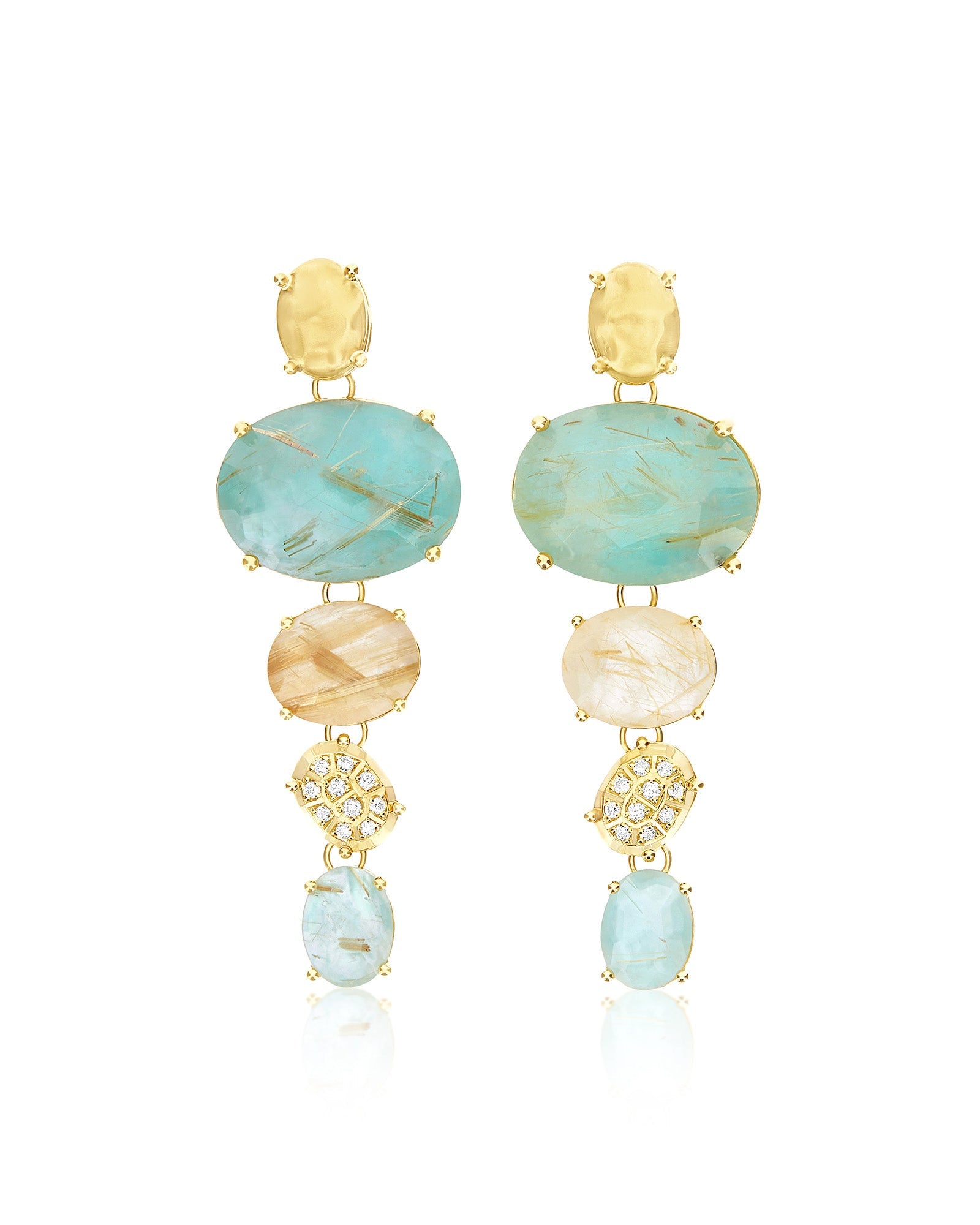 Ipanema Maré earrings (big), in gold, rutilated quartz, mother-of-pearl, amazonite and diamonds 