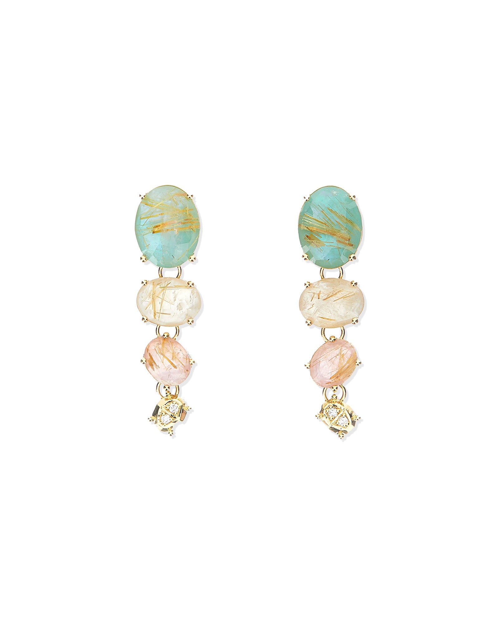 Ipanema Multicolor earrings, in gold, rutilated quartz, mother-of-pearl, pink jade, amazonite and diamonds