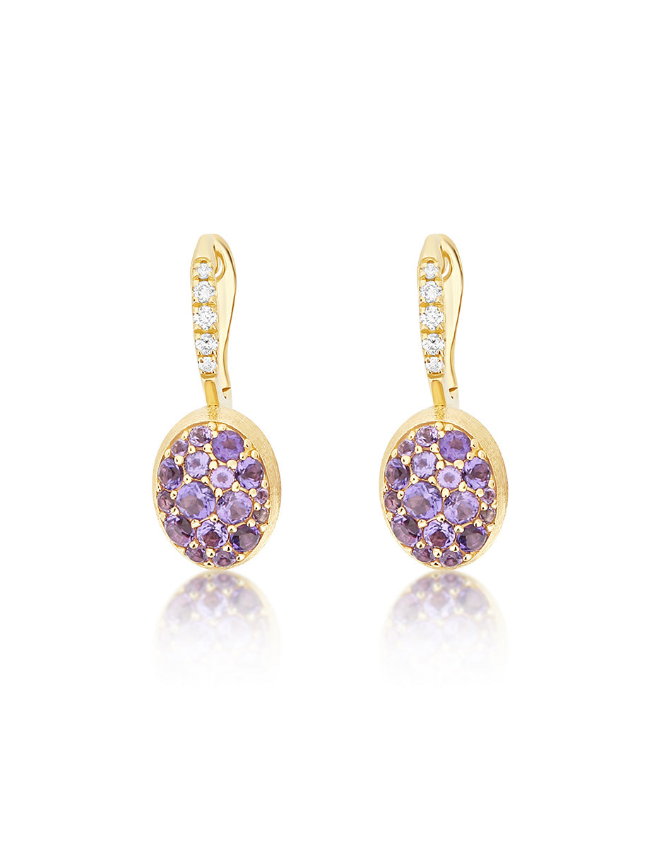 Violetta Boules Ciliegine earrings (small), in engraved gold, diamonds and amethyst pavé