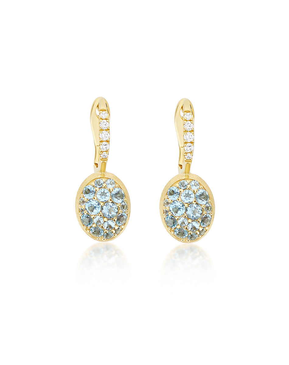 Anice Boules Ciliegine earrings (small), in engraved gold, diamonds and Swiss blue topaz topaz pavé