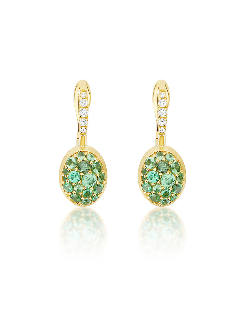Lattementa Boules Ciliegine earrings (small), in engraved gold, diamonds and tsavorite pavé